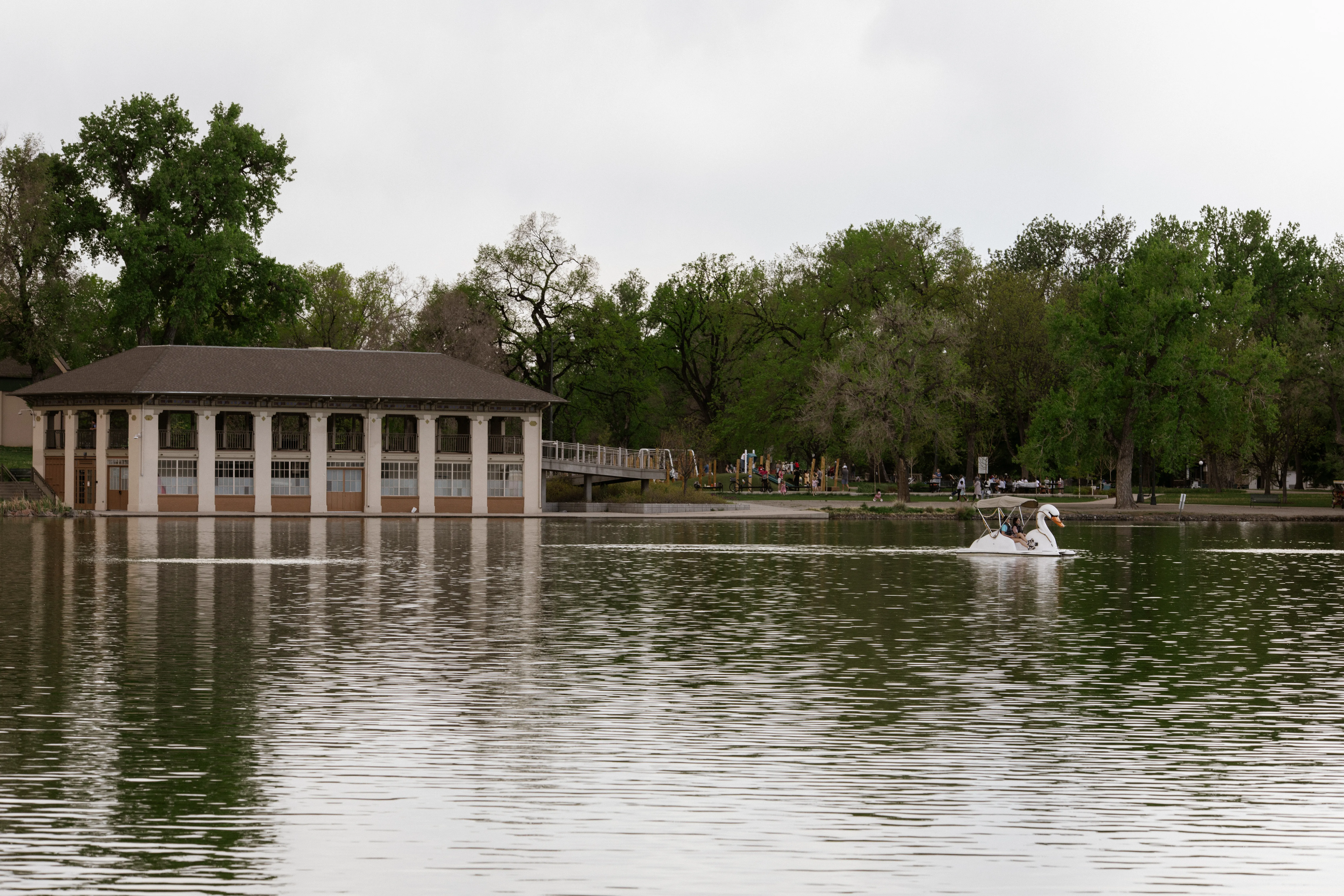 Boathouse reflections across Smith Lake
